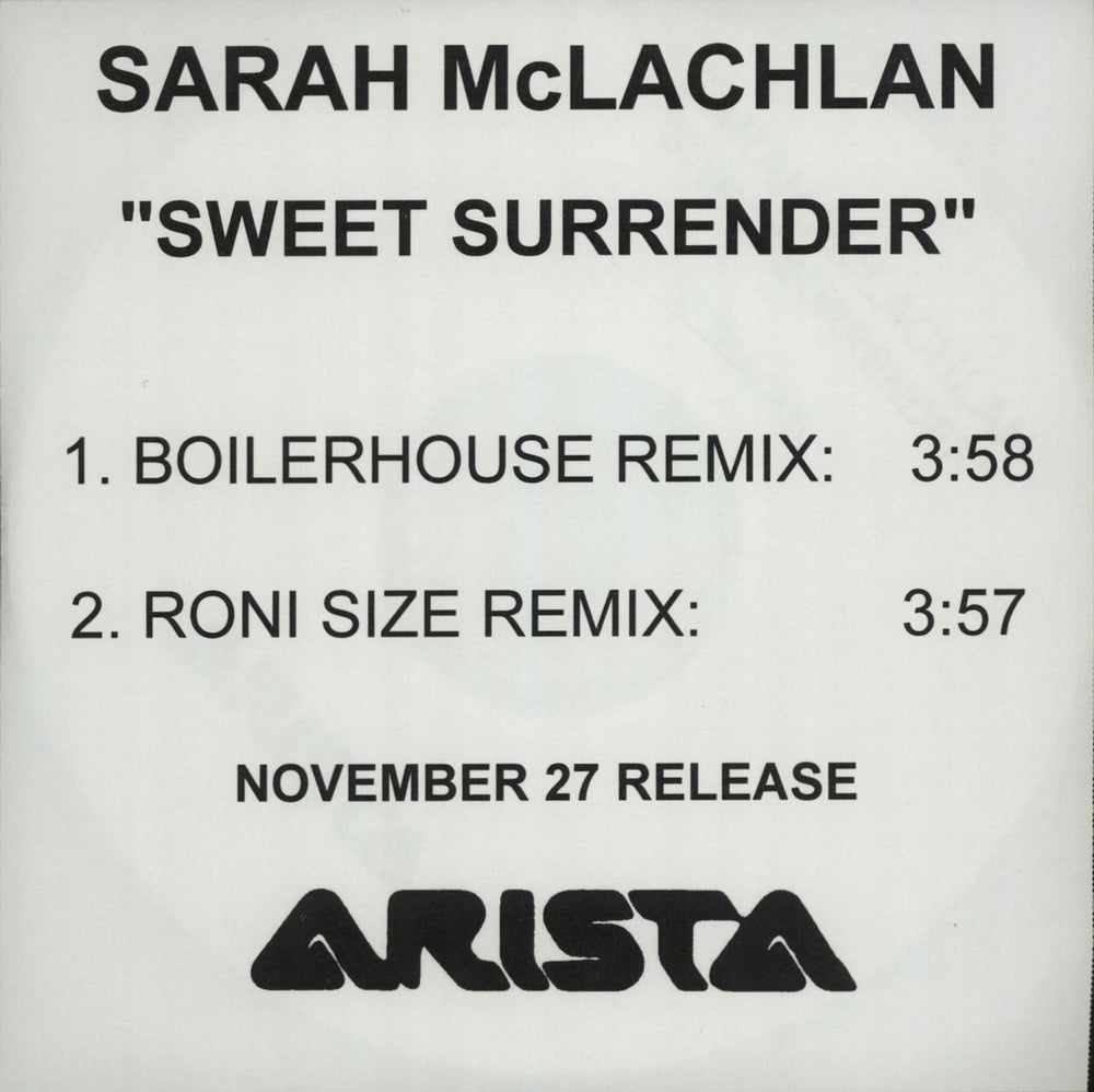 Sarah McLachlan Sweet Surrender - 2 Track UK Promo CD-R acetate CD ACETATE