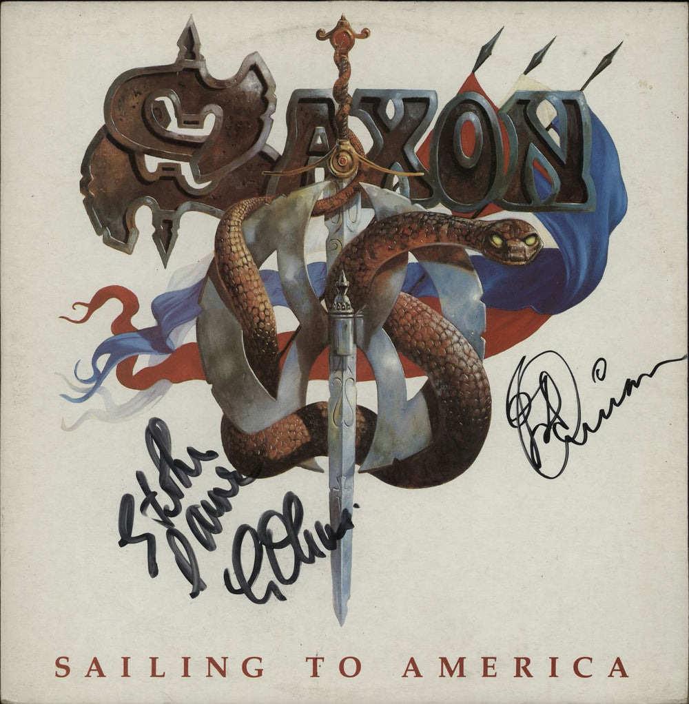 Saxon Sailing To America - Autographed (3 Signatures) UK 12" vinyl single (12 inch record / Maxi-single) CART301