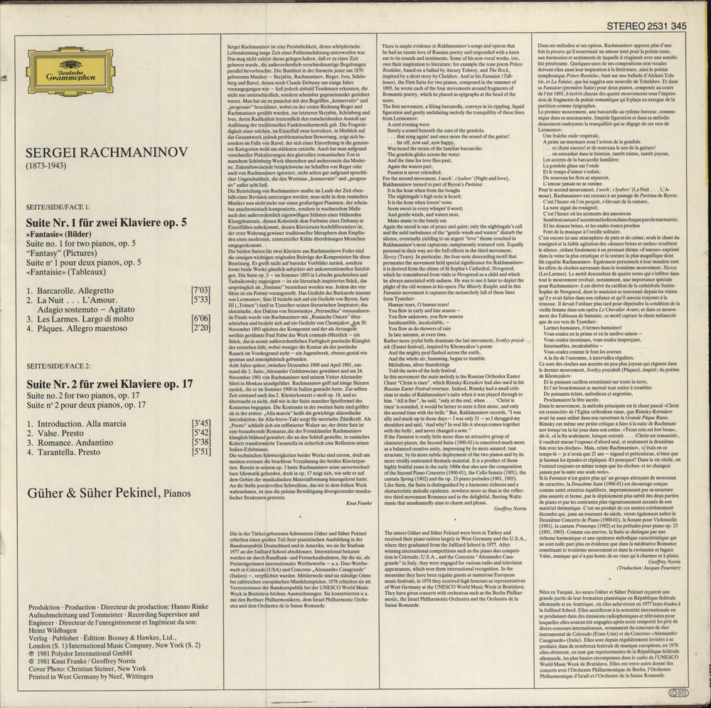 Sergei Rachmaninov Rachmaninov: Suiten Für 2 Klaviere • Suites For 2 Pianos German vinyl LP album (LP record)