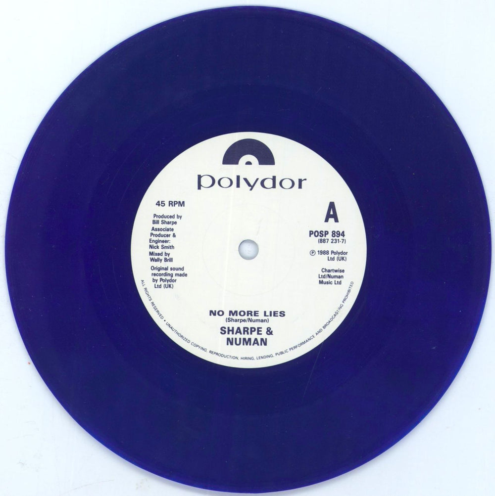 Sharpe & Numan No More Lies - Blue Vinyl UK 7" vinyl single (7 inch record / 45) 3IC07NO07354