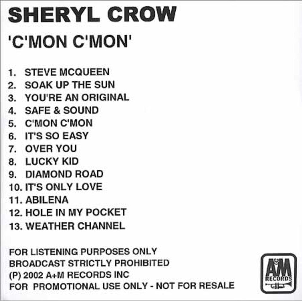 Sheryl Crow C'mon. C'mon US Promo CD-R acetate CD-R ACETATE