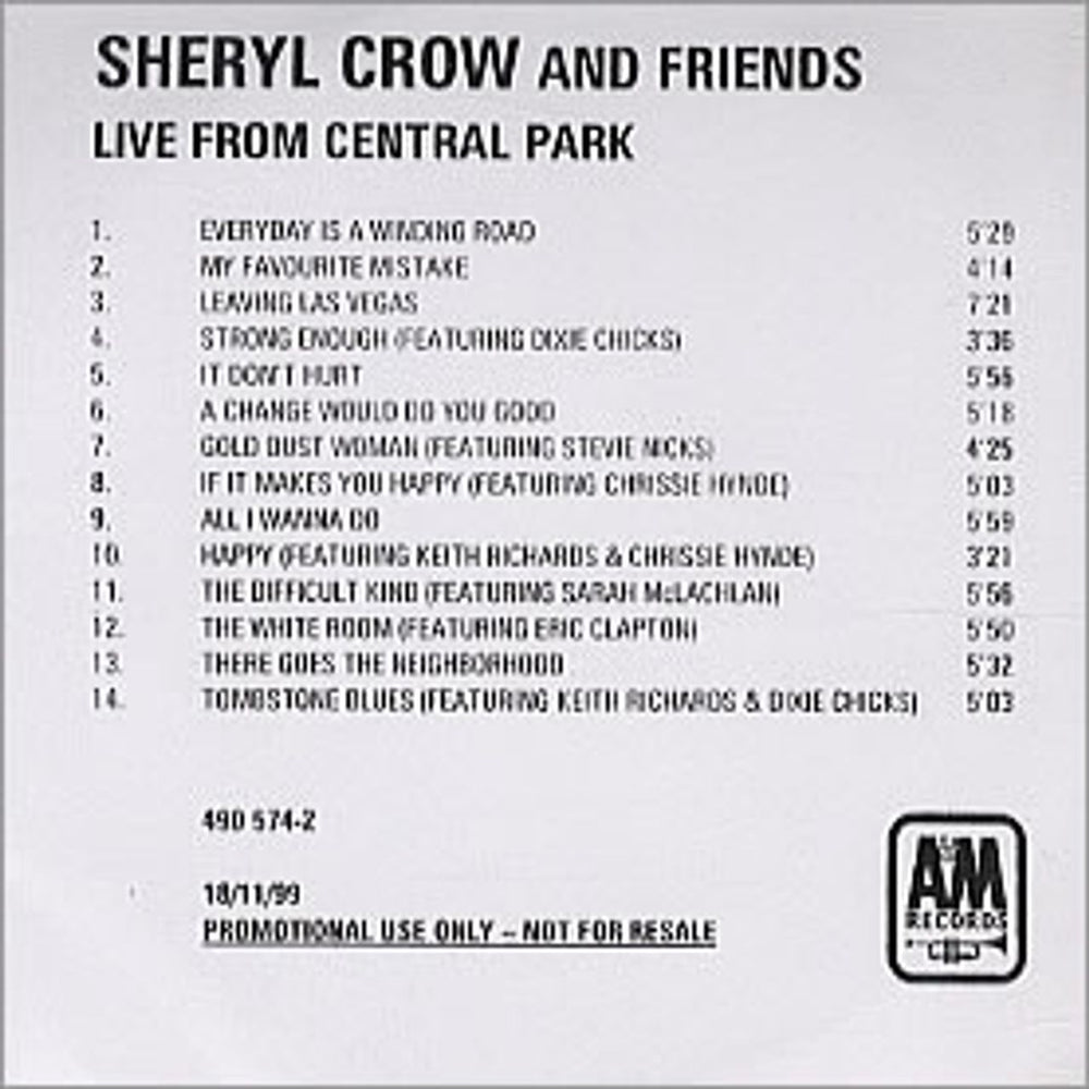 Sheryl Crow Live From Central Park UK Promo CD-R acetate CD ACETATE