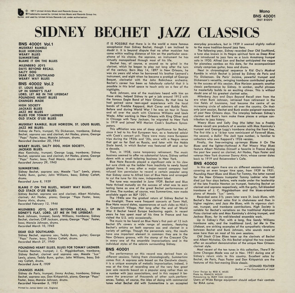 Sidney Bechet Jazz Classics Volume 1 UK 2-LP vinyl record set (Double LP Album)