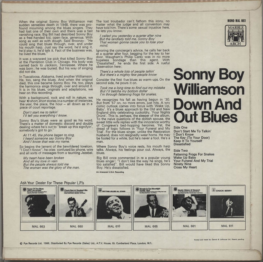 Sonny Boy Williamson Down And Out Blues UK vinyl LP album (LP record) SBNLPDO472679