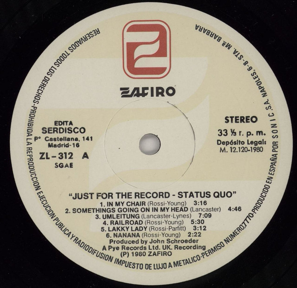 Status Quo Just For The Record Spanish vinyl LP album (LP record) QUOLPJU763410