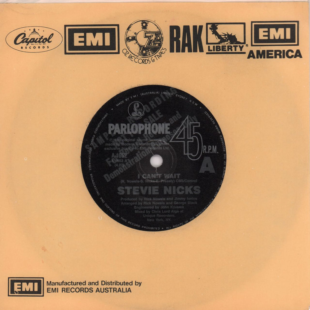 Stevie Nicks I Can't Wait - Promo Labels Australian Promo 7" vinyl single (7 inch record / 45) A-1652