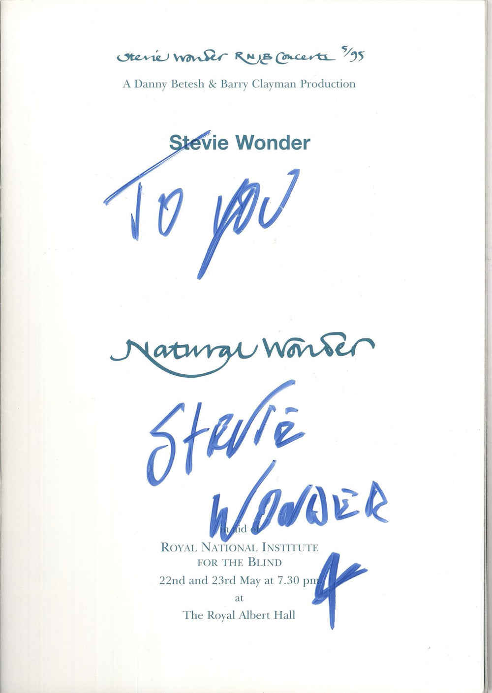 Stevie Wonder RNIB Concerts 5/95 Natural Wonder - Autographed UK tour programme STWTRRN739146