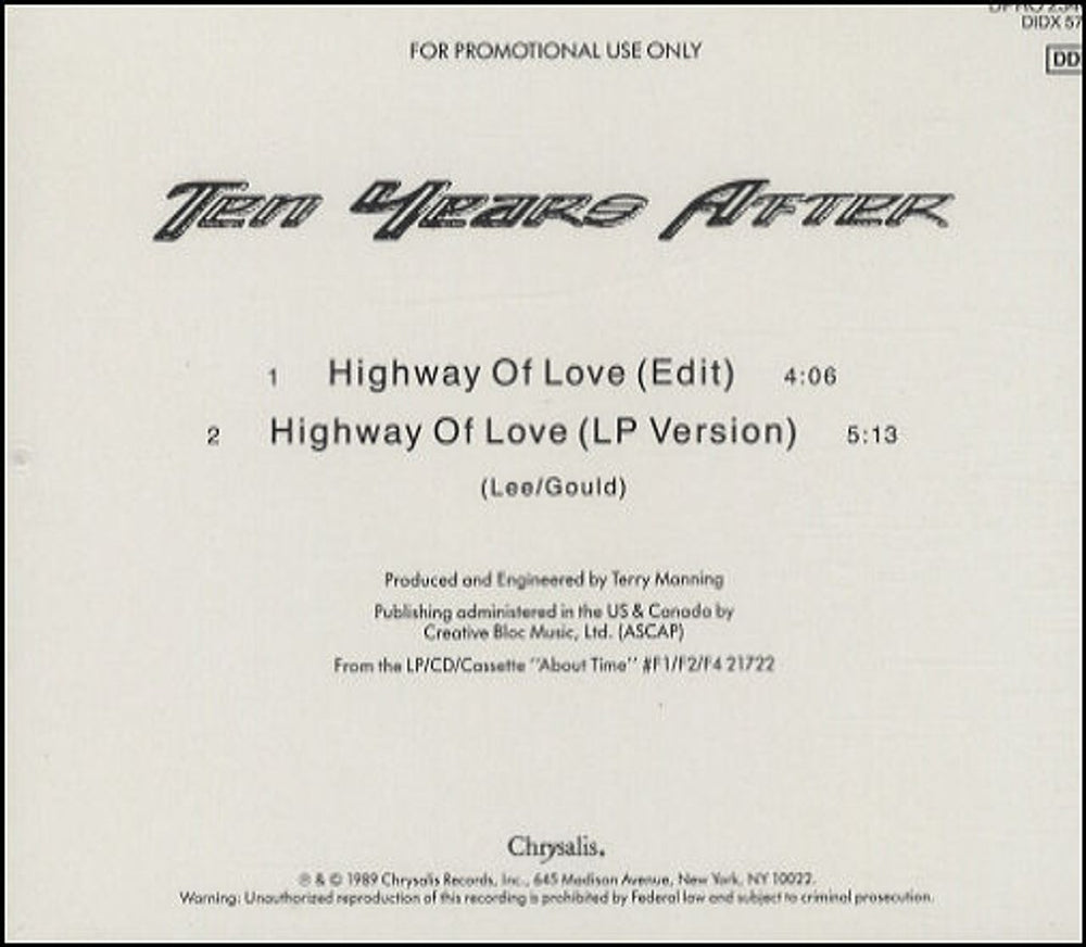 Ten Years After Highway Of Love US Promo CD single (CD5 / 5") DPRO23447