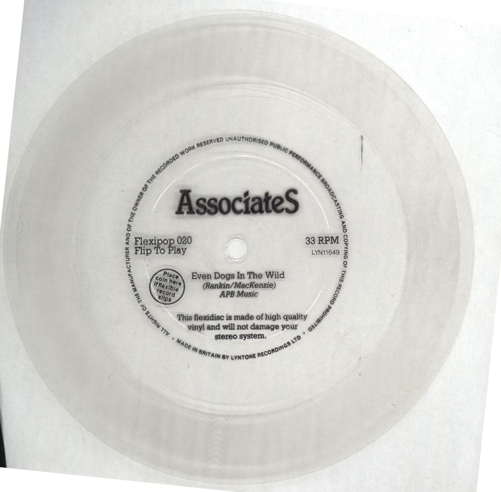 The Associates Even Dogs In The Wild - Clear flexi UK 7" vinyl single (7 inch record / 45) FLEXIPOP020