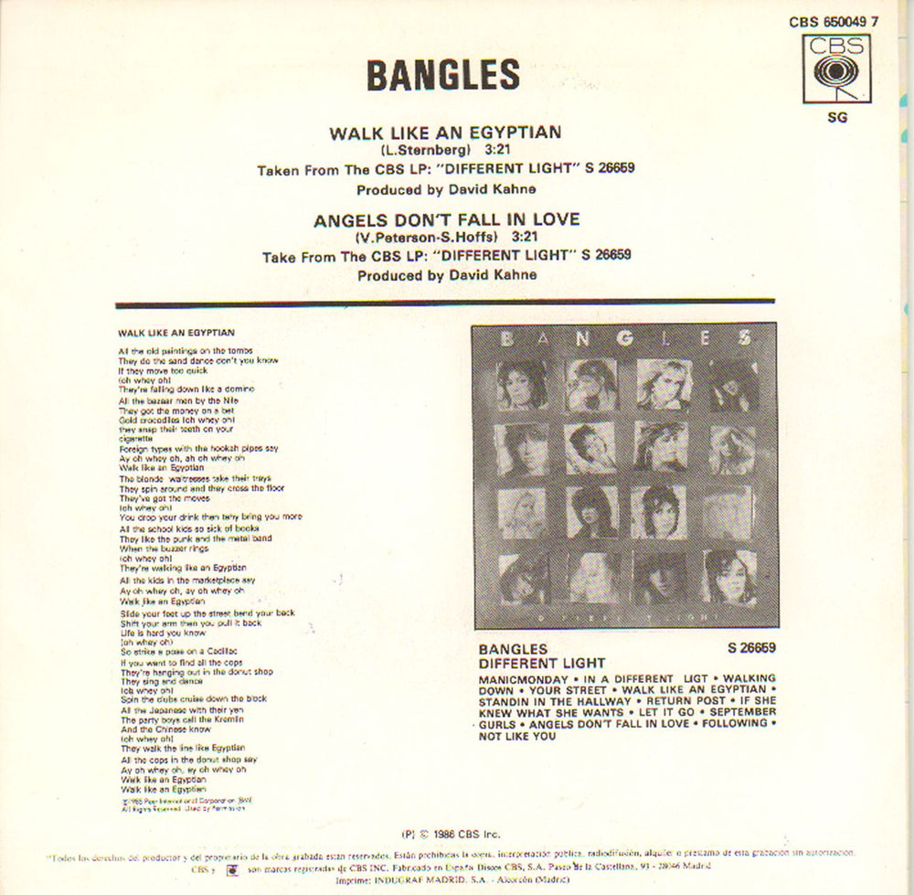 The Bangles Walk Like An Egyptian Spanish 7" vinyl single (7 inch record / 45) BGL07WA676639