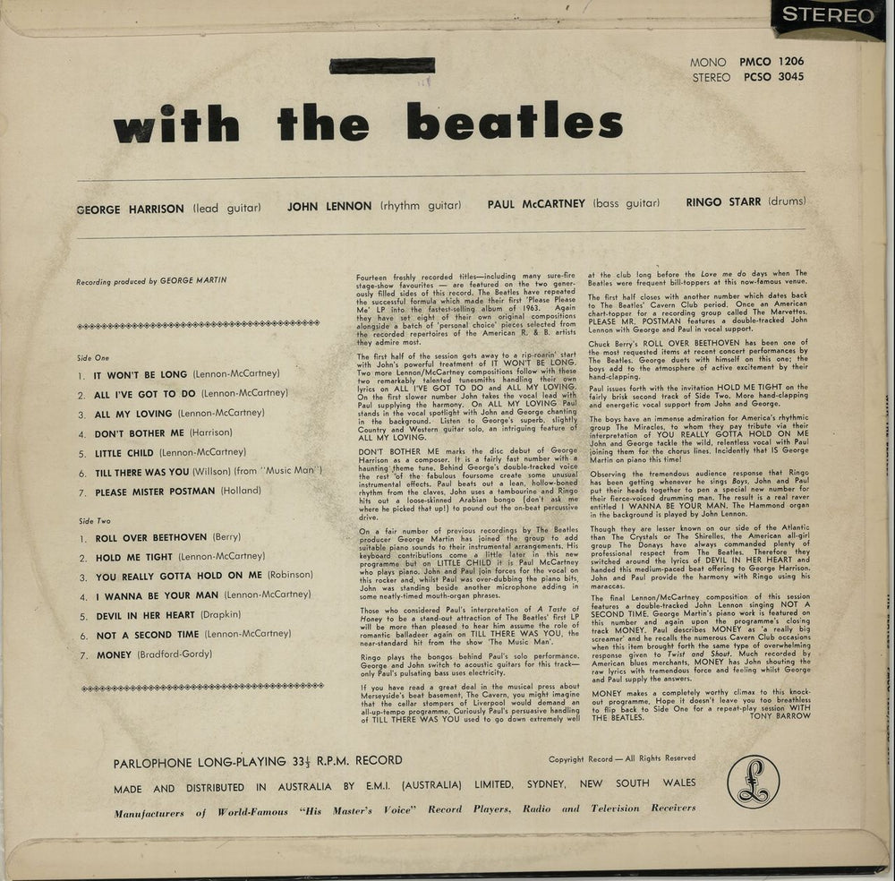 The Beatles With The Beatles - 1st - VG Australian vinyl LP album (LP record) BTLLPWI654480