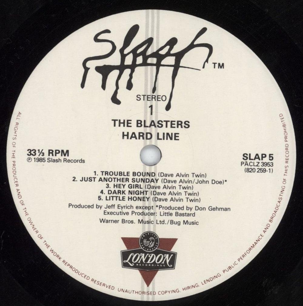 The Blasters Hard Line UK vinyl LP album (LP record) VKULPHA808059