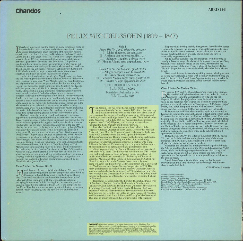 The Borodin Trio Mendelssohn: Piano Trios No. 1 in D Minor & No. 2 in C Minor UK vinyl LP album (LP record)