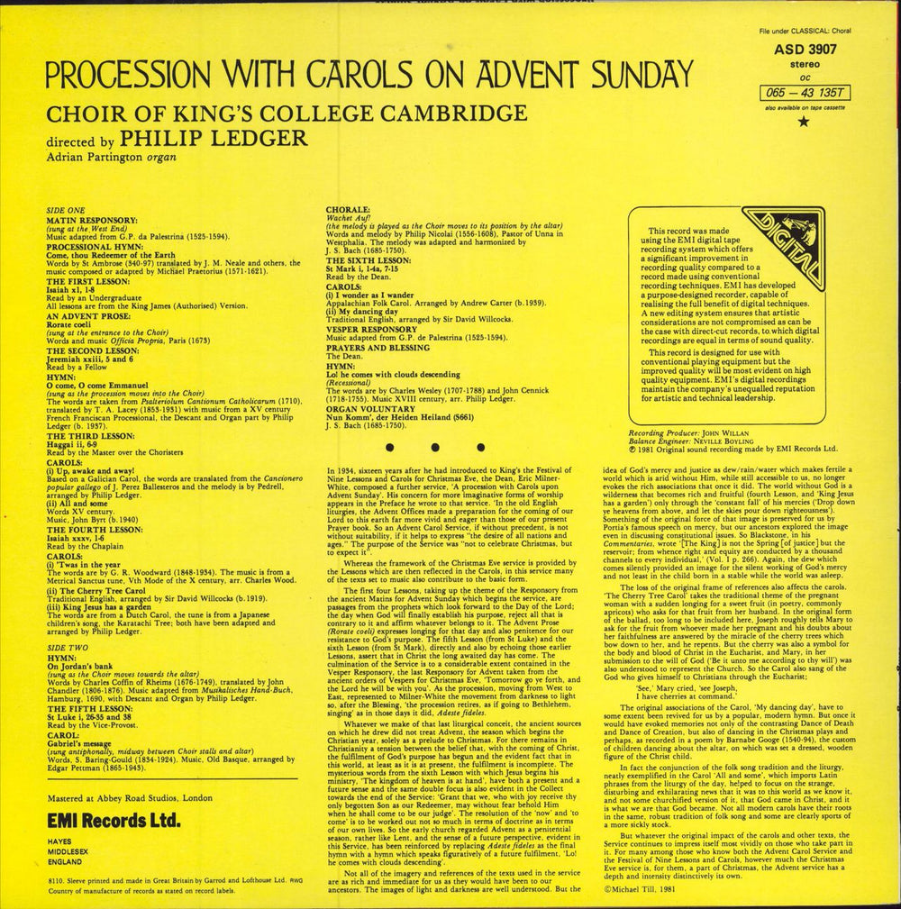 The Choir Of King's College, Cambridge Procession With Carols On Advent Sunday UK vinyl LP album (LP record)