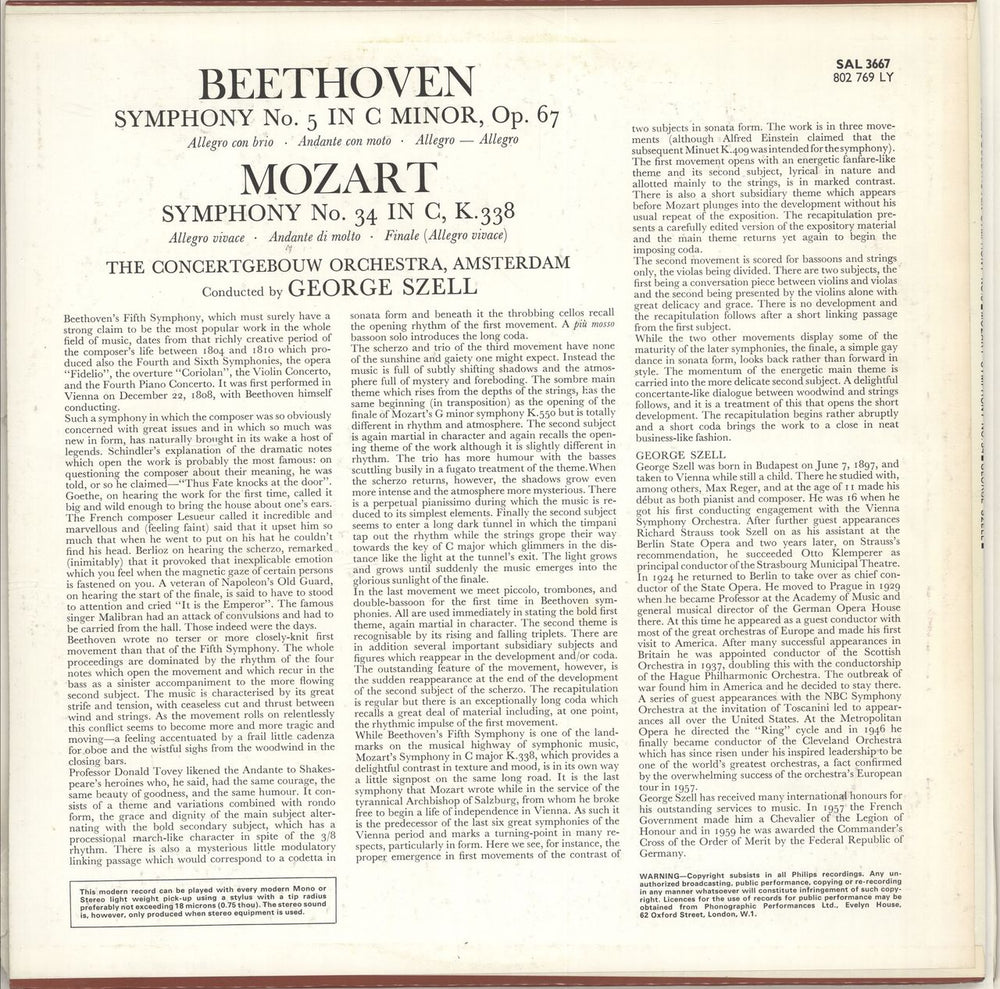 The Concertgebouw Orchestra Beethoven: Symphony No. 5 in C Minor / Mozart: Symphony No. 34 in C UK vinyl LP album (LP record)