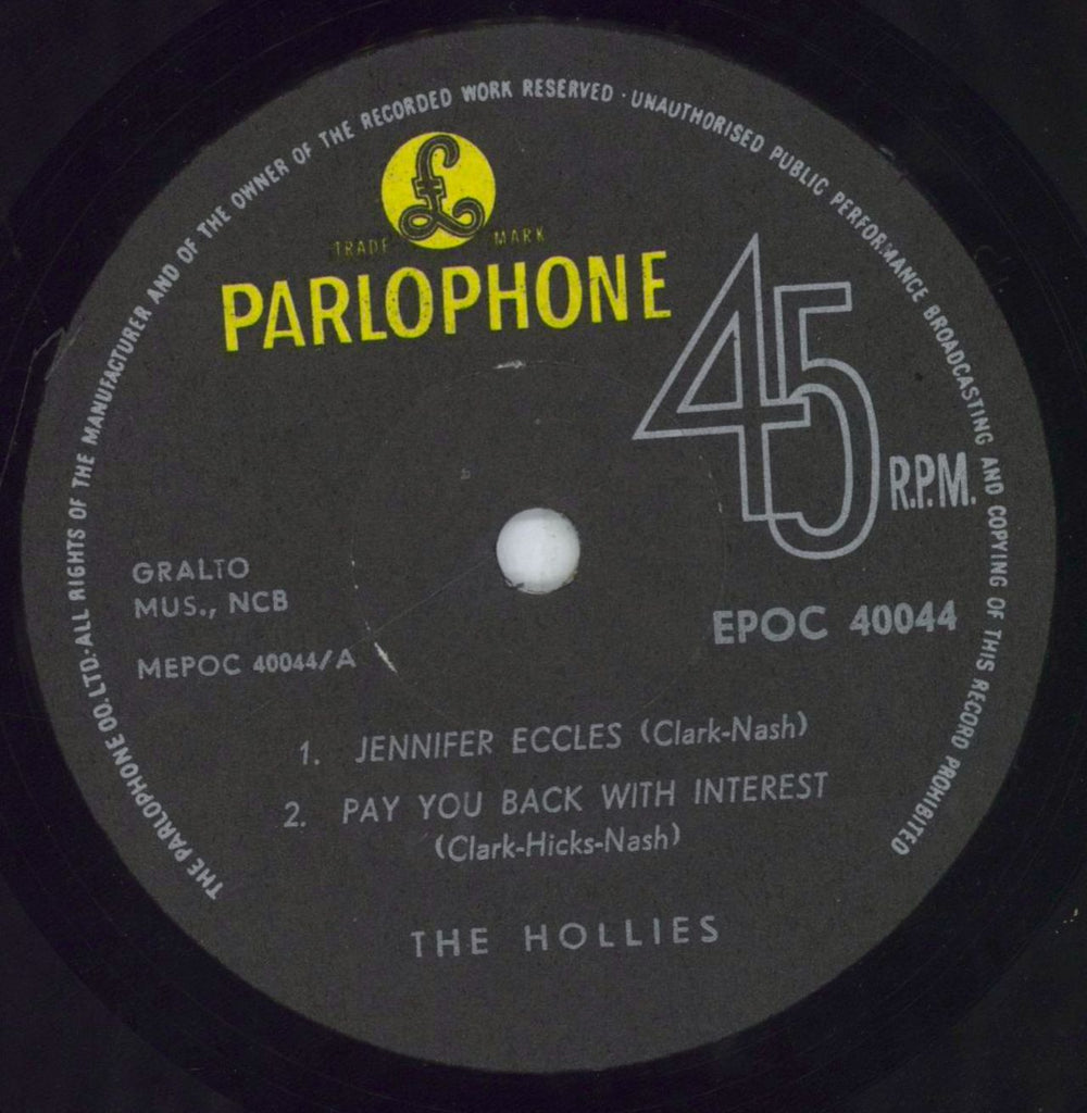 The Hollies Jennifer Eccles Israeli 7" vinyl single (7 inch record / 45) HLL07JE821471