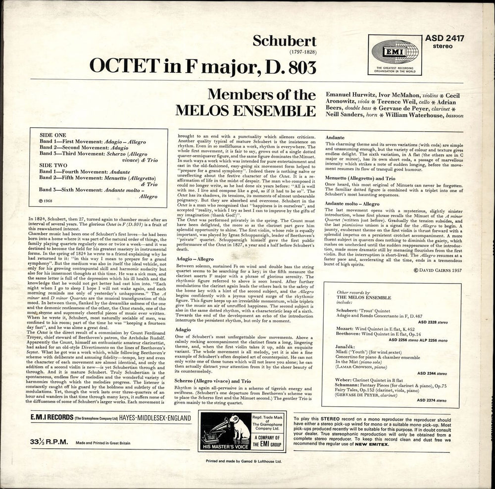 The Melos Ensemble Schubert: Octet - 2nd UK vinyl LP album (LP record)