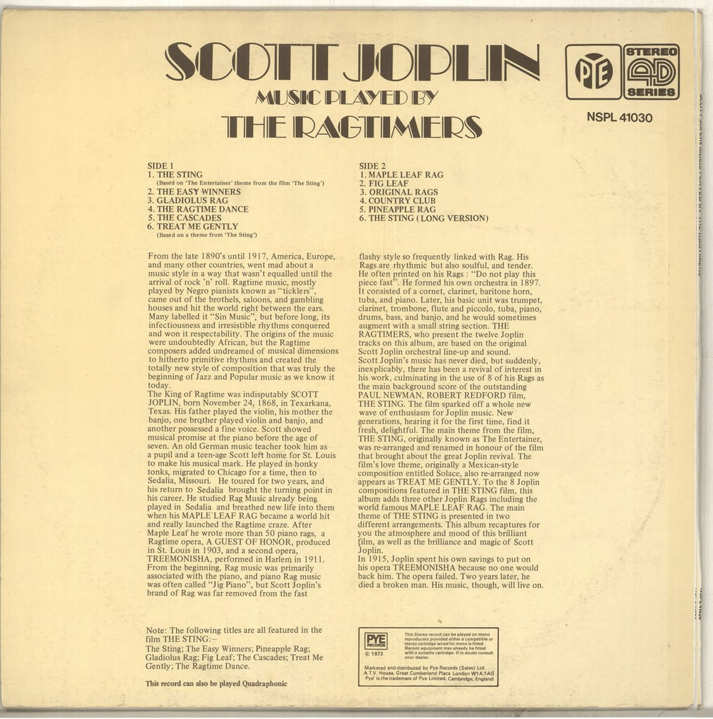 The Ragtimers Scott Joplin Music Played By The Ragtimers UK vinyl LP album (LP record)