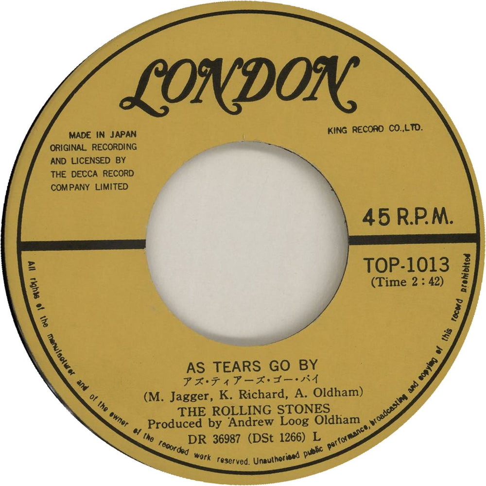 The Rolling Stones As Tears Go By - 370 Yen Japanese 7" vinyl single (7 inch record / 45)