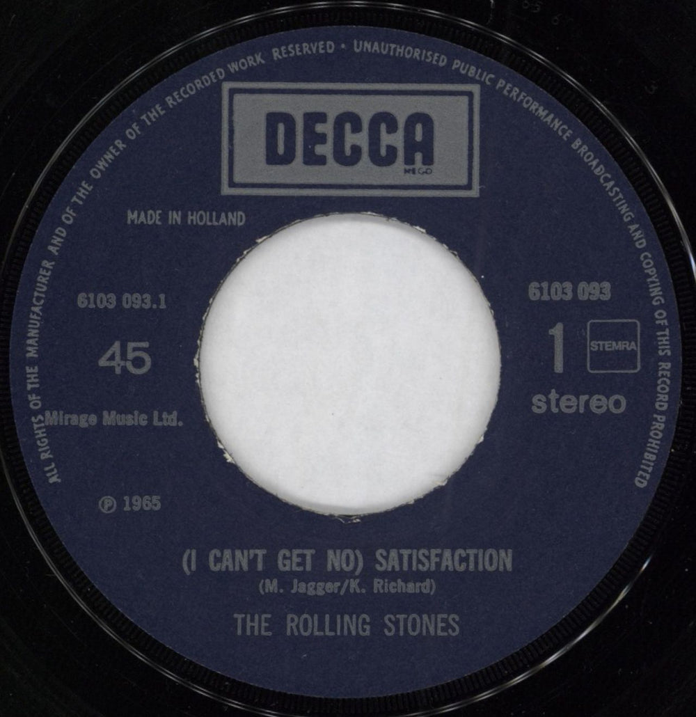 The Rolling Stones (I Can't Get No) Satisfaction - D.J.'s Special Request Dutch 7" vinyl single (7 inch record / 45) ROL07IC790725