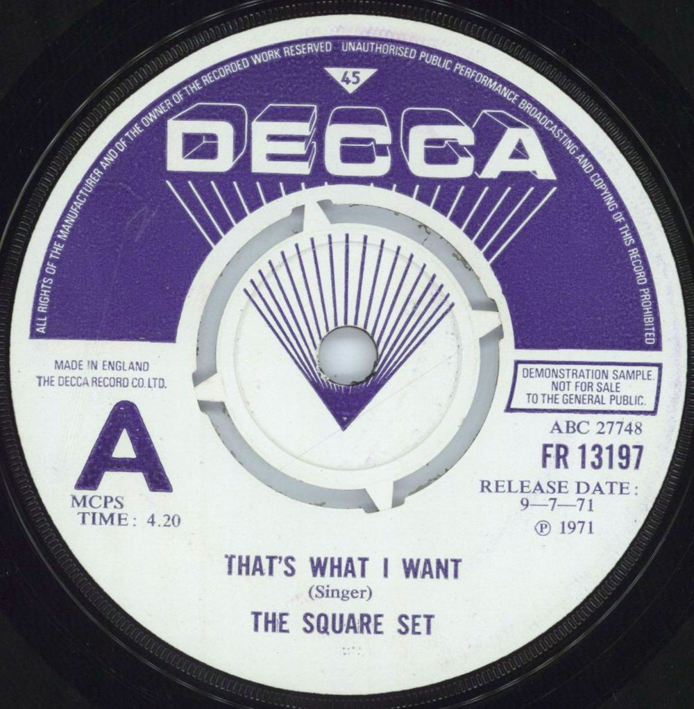 The Square Set That's What I Want UK Promo 7" vinyl single (7 inch record / 45) FR13197