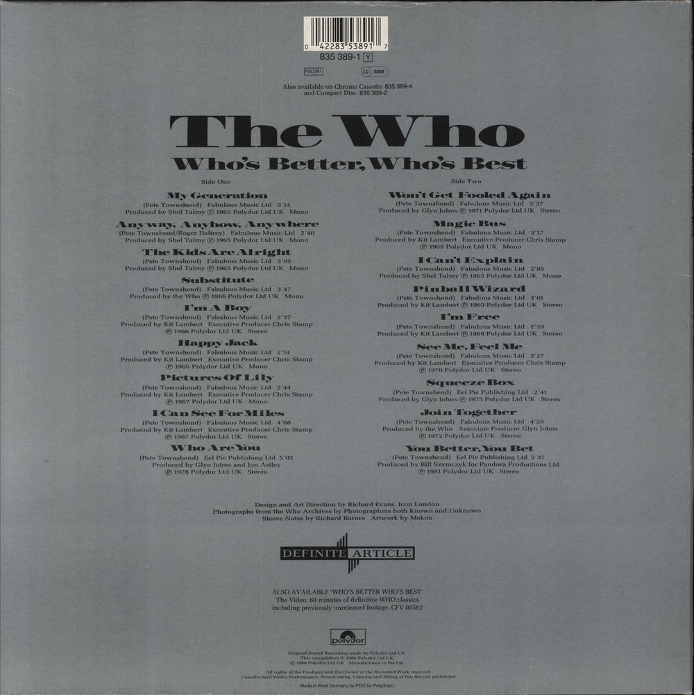 The Who Who's Better, Who's Best German vinyl LP album (LP record) 042283538917