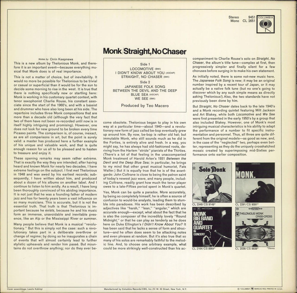 Thelonious Monk Straight, No Chaser US vinyl LP album (LP record)