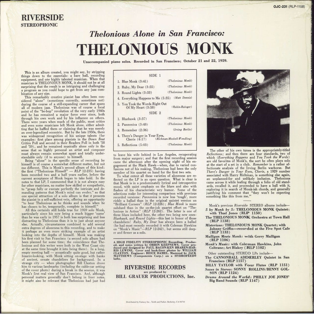 Thelonious Monk Thelonious Alone In San Francisco - stickered shrink US vinyl LP album (LP record) 090204027590