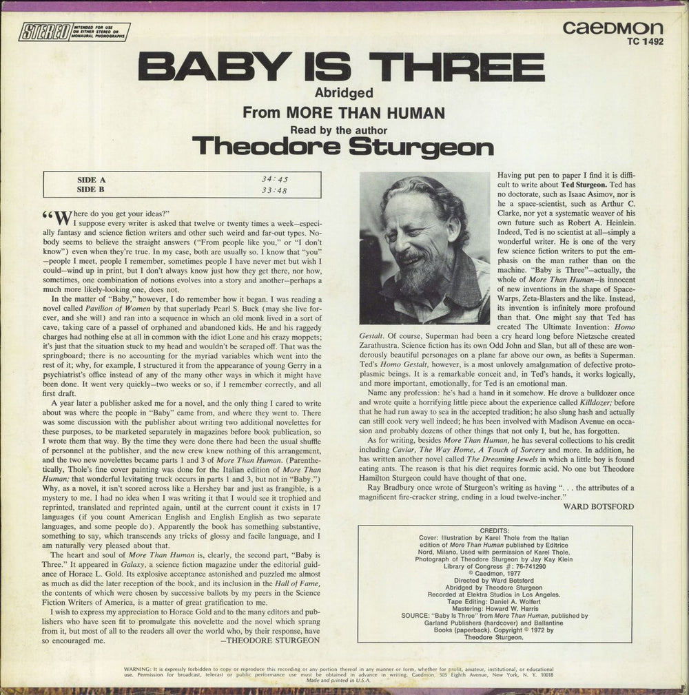 Theodore Sturgeon Baby Is Three (From More Than Human) US vinyl LP album (LP record)