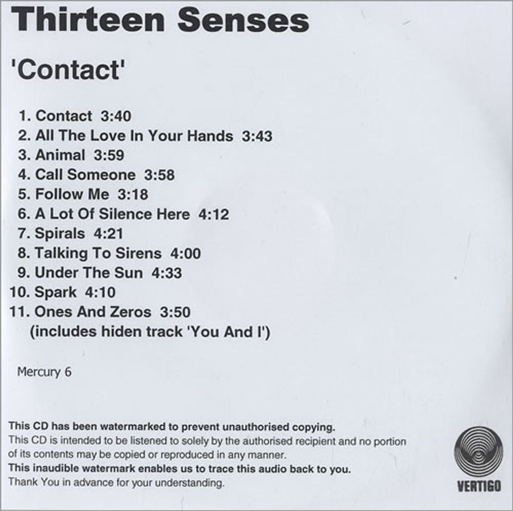 Thirteen Senses Contact UK Promo CD-R acetate CD-R ACETATE