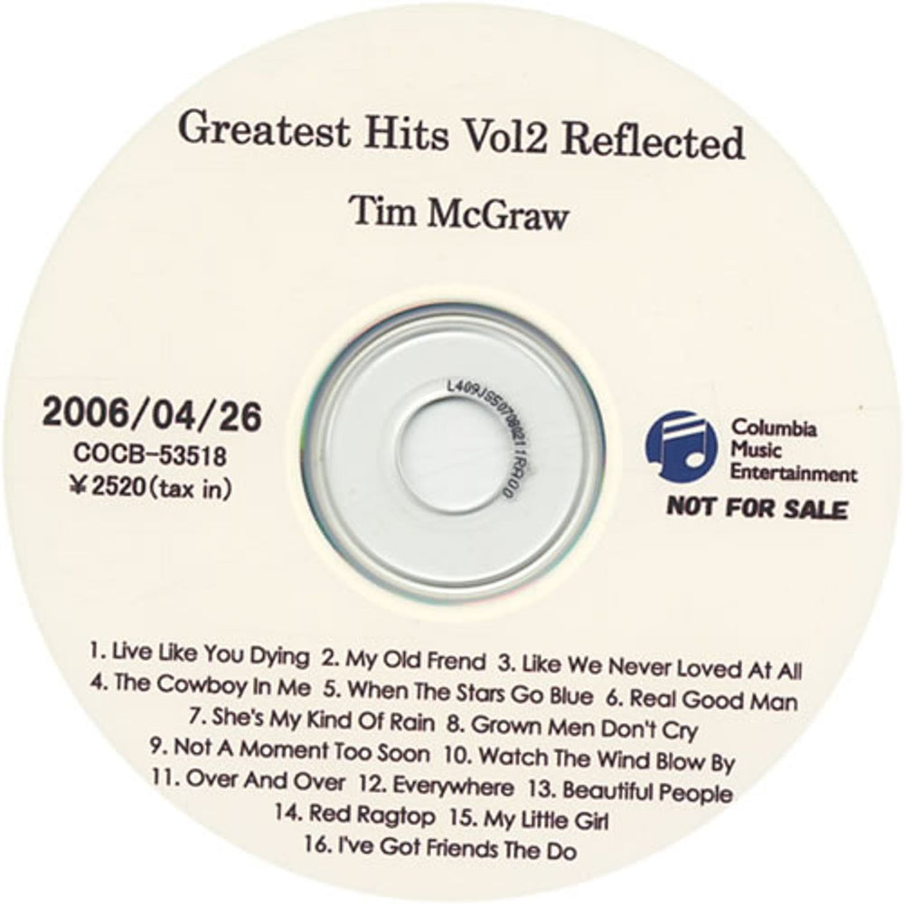 Tim McGraw Greatest Hits Vol 2 Reflected Japanese Promo CD-R acetate CD-R ACETATE