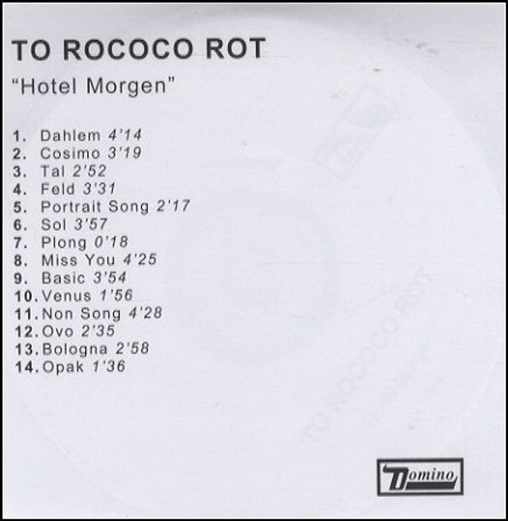 To Rococo Rot Hotel Morgen UK Promo CD-R acetate CD-R