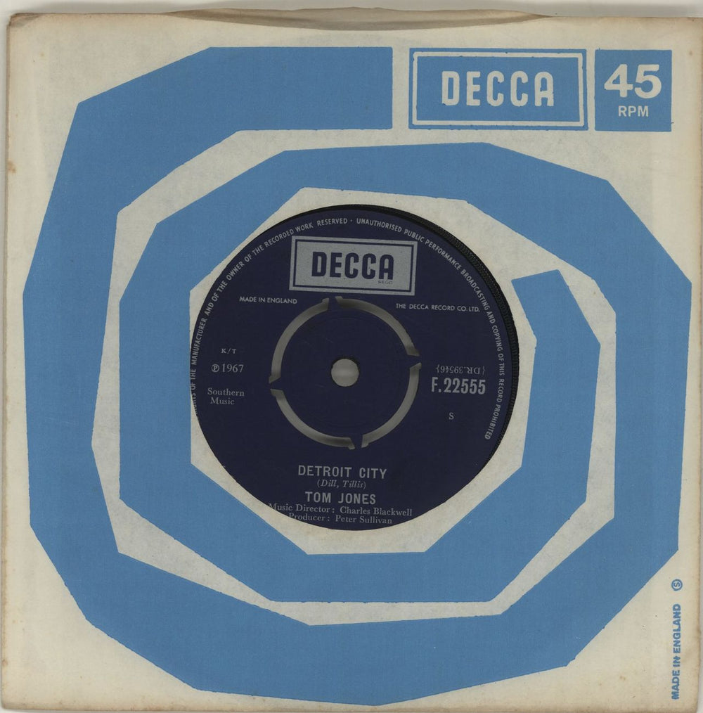 Tom Jones Detroit City UK 7" vinyl single (7 inch record / 45) F.22555