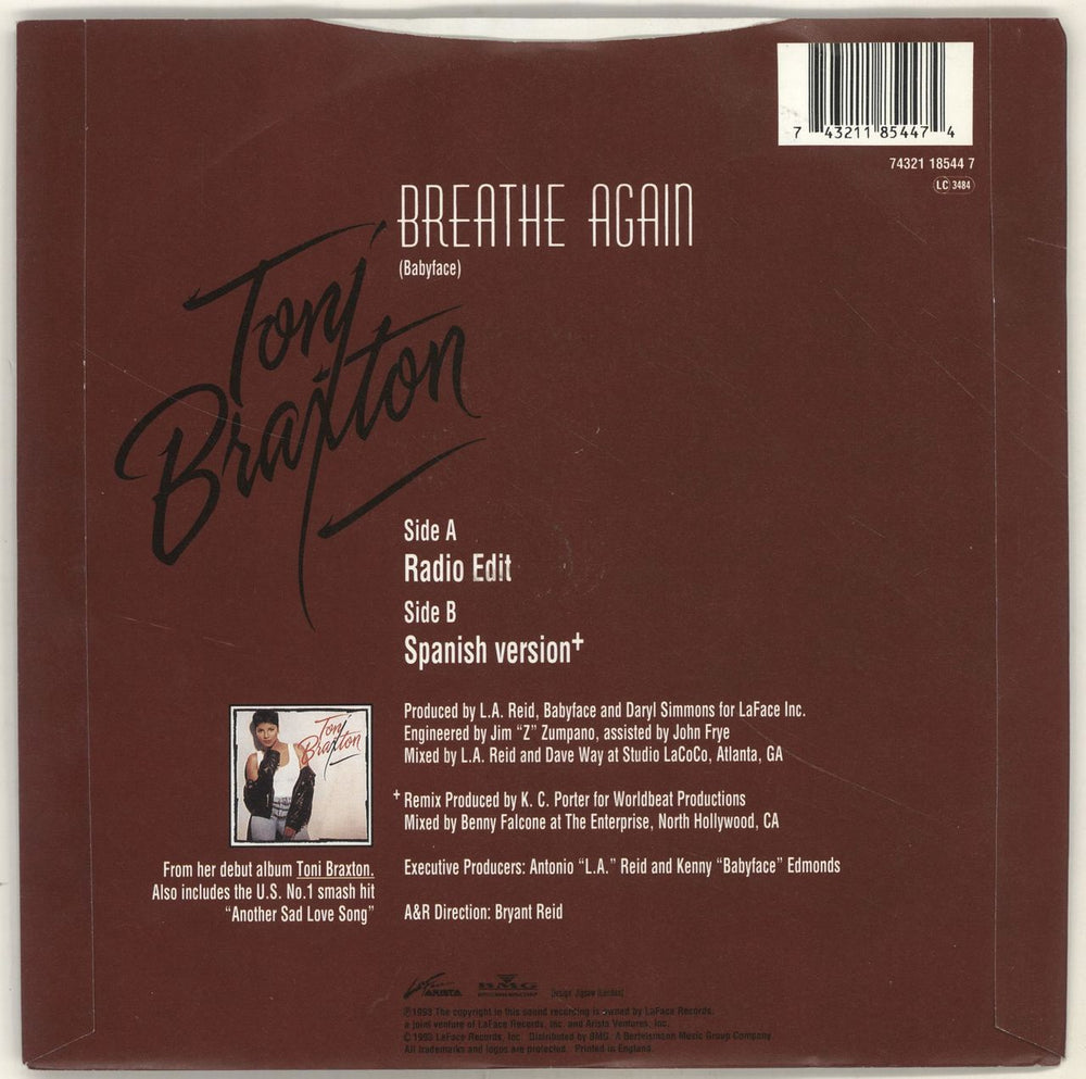 Toni Braxton Breathe Again UK 7" vinyl single (7 inch record / 45) TBX07BR160767