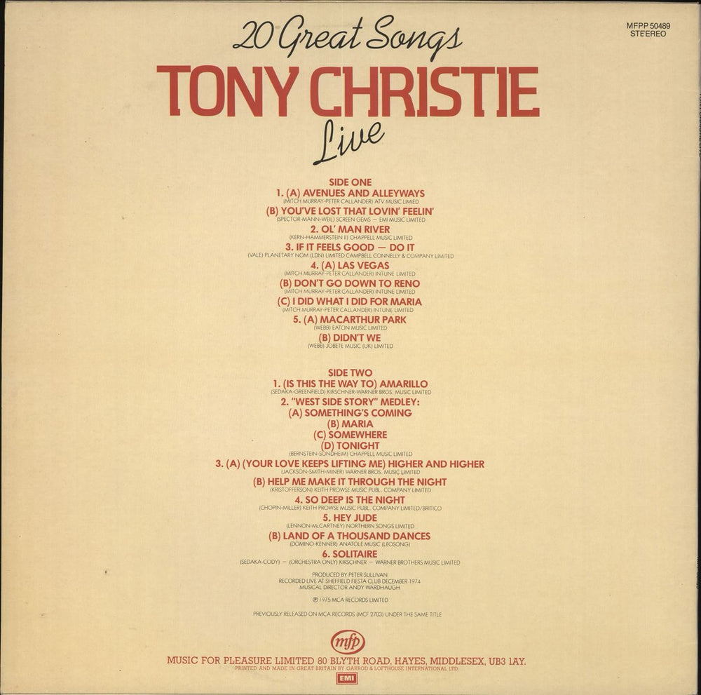 Tony Christie Live UK vinyl LP album (LP record)