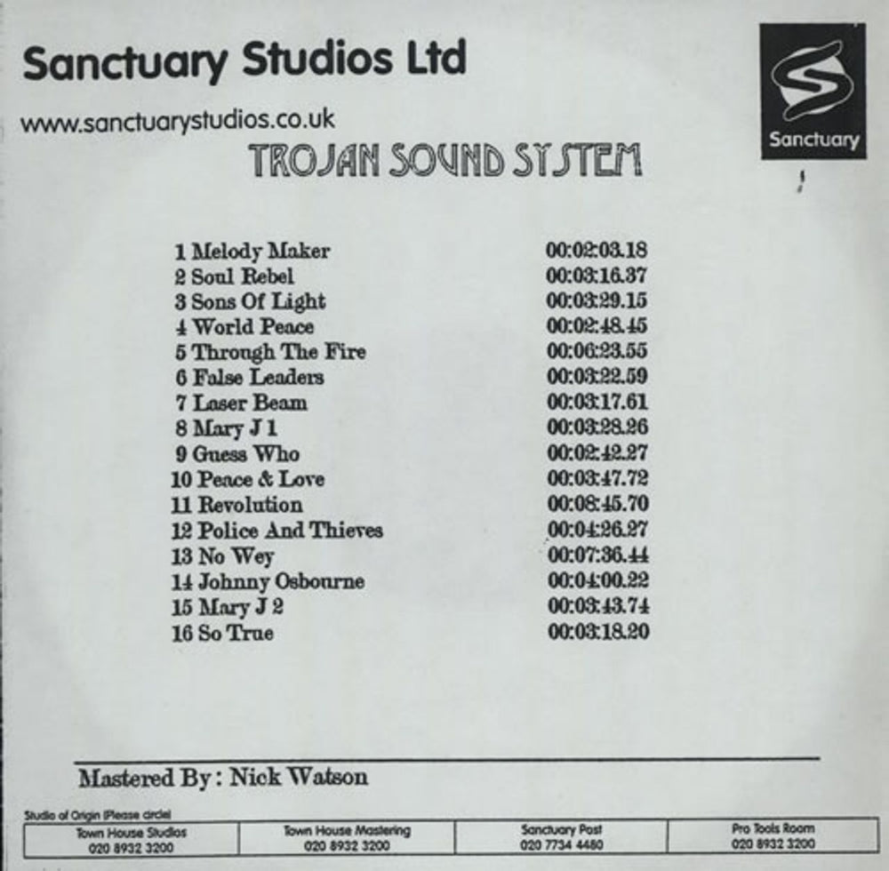 Trojan Records Trojan Sound System UK Promo CD-R acetate CD-R