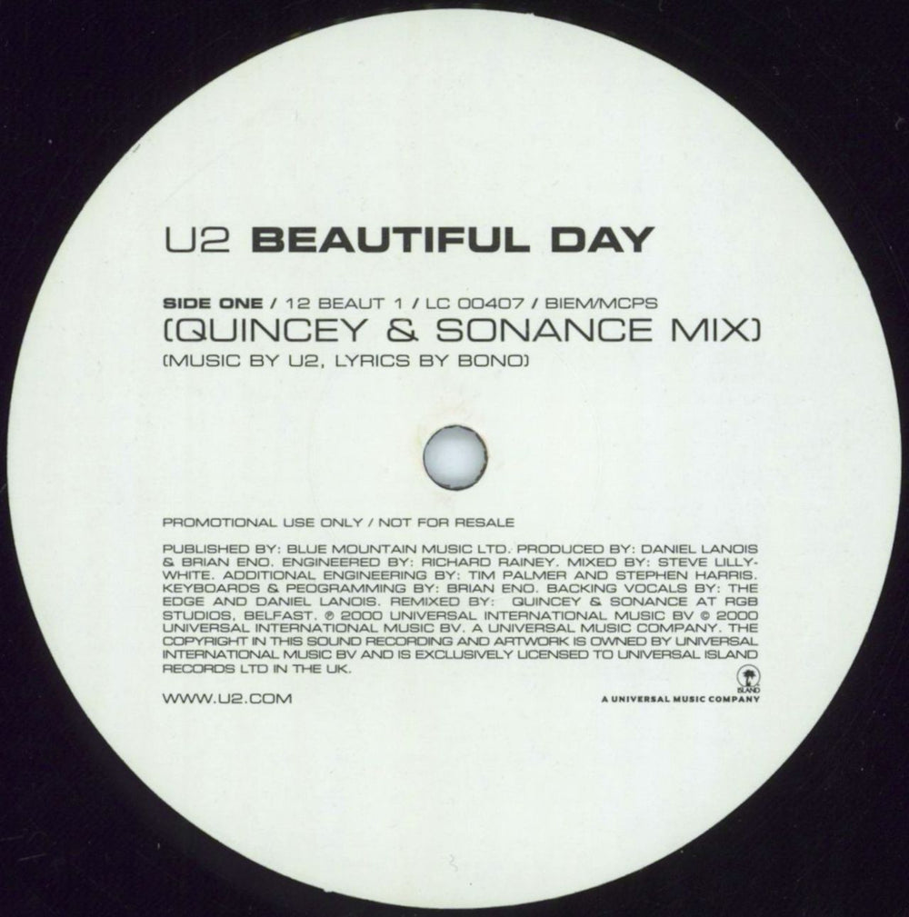 U2 Beautiful Day (Quincey & Sonance Mix) UK Promo 12" vinyl single (12 inch record / Maxi-single) U-212BE167968