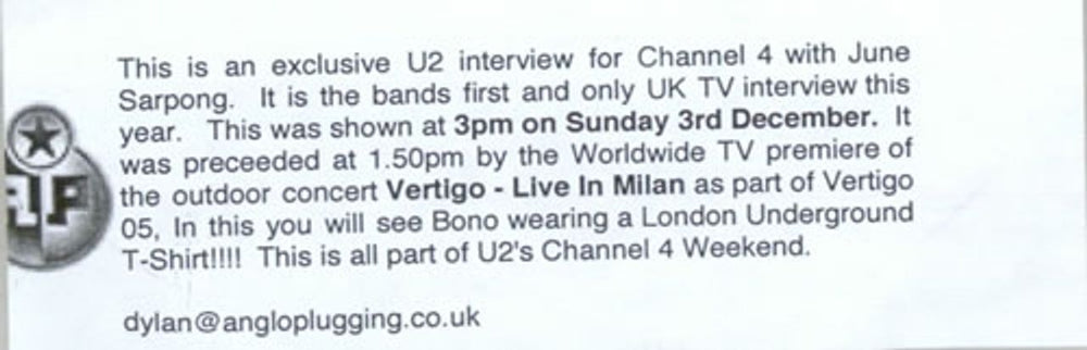 U2 T4 Music Special UK Promo promo DVD-R U-2DRTM478978