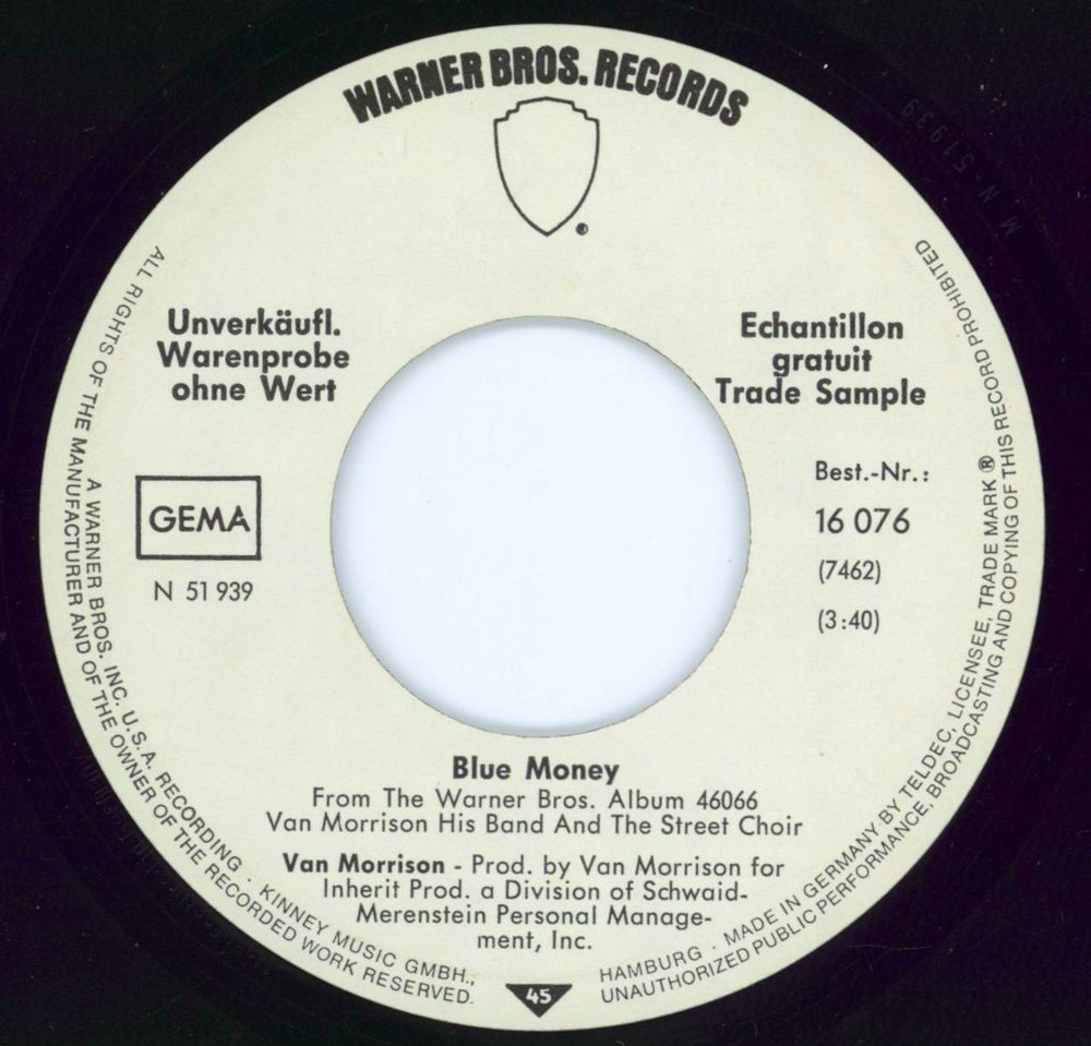 Van Morrison Blue Money German Promo 7" vinyl single (7 inch record / 45) VMO07BL771451