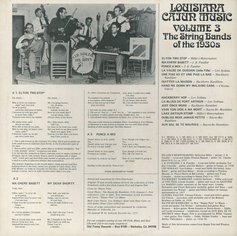 Various-20s & 30s Louisiana Cajun Music Volume 3 (The String Bands Of The 1930s) US vinyl LP album (LP record)