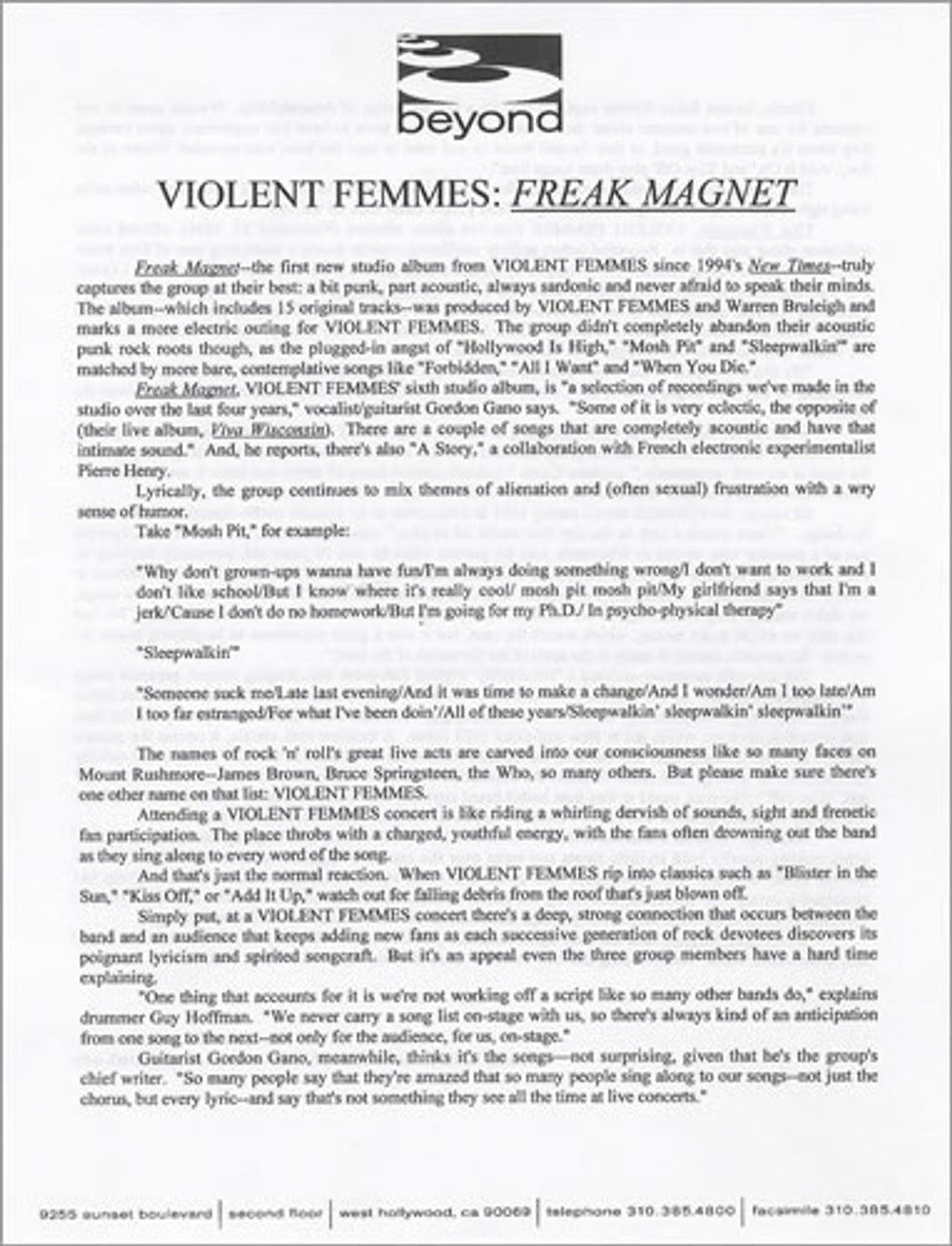 Violent Femmes Freak Magnet US Promo media press pack PRESS PACK