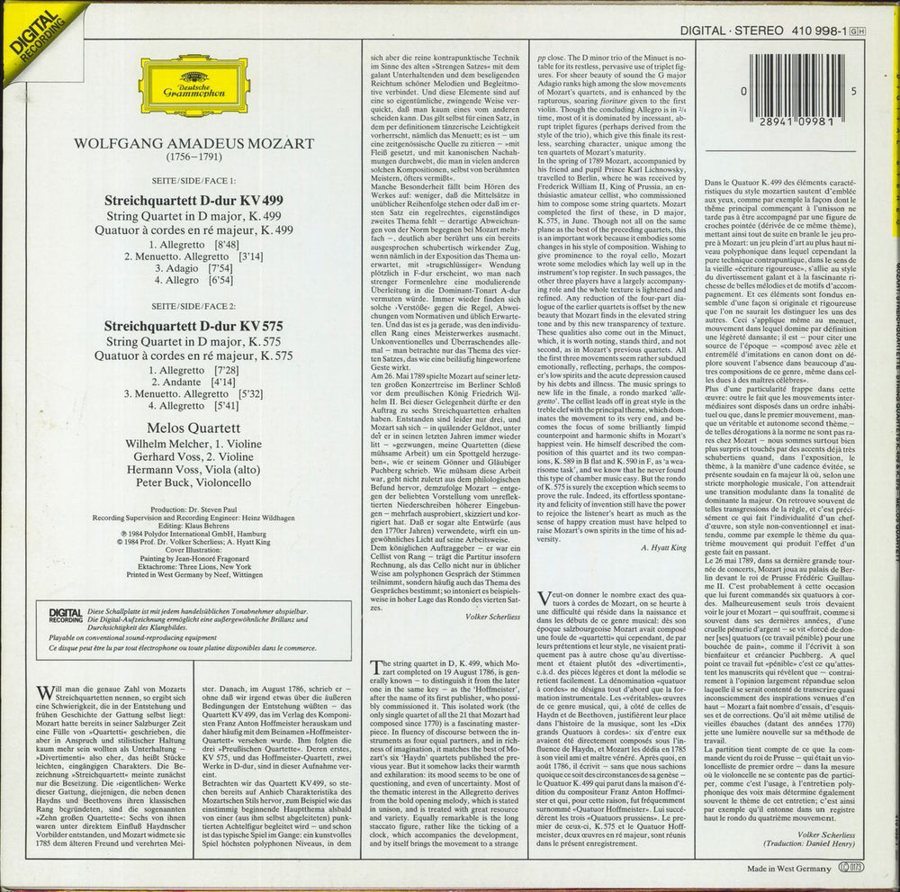 Wolfgang Amadeus Mozart Streichquartette: String Quartets German vinyl LP album (LP record)