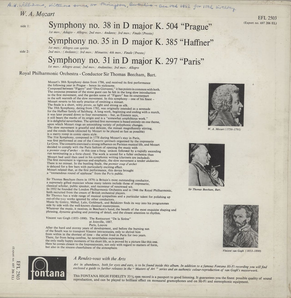 Wolfgang Amadeus Mozart Symphony No. 38 & Symphony No. 35 & Symphony No. 31 UK vinyl LP album (LP record)