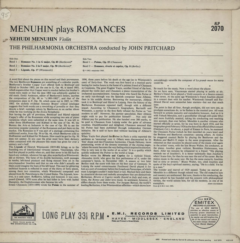 Yehudi Menuhin Menuhin Plays Romances UK vinyl LP album (LP record)