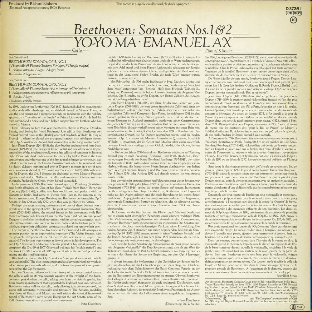 Yo-Yo Ma & Emanuel Ax Beethoven: Sonatas Nos. 1 & 2 Dutch vinyl LP album (LP record)