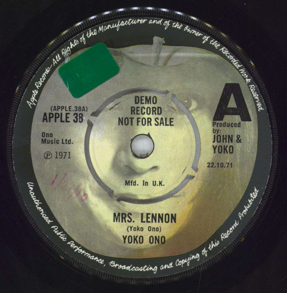 Yoko Ono Mrs. Lennon - Demo Record UK Promo 7" vinyl single (7 inch record / 45) APPLE38